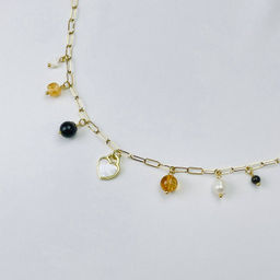 Колье на цепочке с Обсидианом, Цитрином, Жемчугом и Перламутром 38/45 см