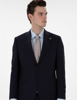 Lacivert Slim Fit _izgili %100 Y_n Tak_m Elbise
