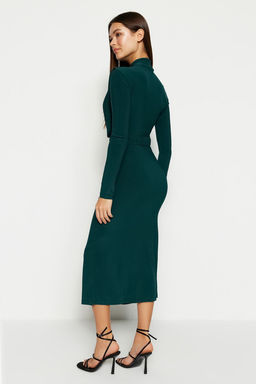 TRENDYOLMILLA Antrasit Duz Kemerli Midi Fitted/Vucuda Oturan Dik Yaka Drapeli Kemerli Orme Elbise TWOAW22EL0434  фото 5