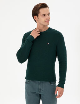 Erkek Slim Fit Bisiklet Yaka Koyu Ye_il Basic Kazak