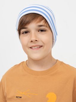 Детская шапка из полотна в рубчик в бело-салатовую полоску