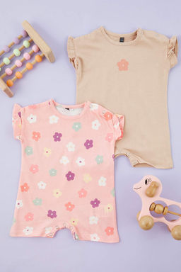 Pudra 2li K?z Bebek %100 Pamuk Cicek Bask?l? K?sa Kol Orme Tulum TKDSS25TU00019