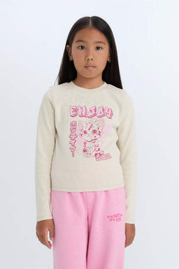 Укороченная футболка с длинными рукавами и круглым вырезом для девочек в рубчик с принтом - Defacto фото 4