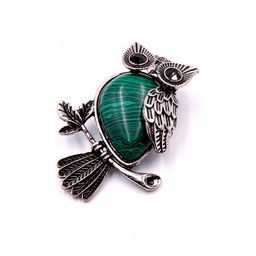 Брошь Сова с камнем Малахит защита финансов и бизнеса 3,5х4,5см