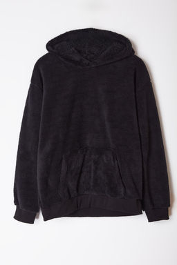 Siyah Oversize/Genis Kesim Basic S?cak Tutan Kapusonlu Pelus Sweatshirt TMNAW25SW00106