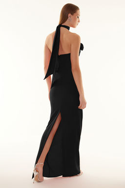 Siyah Gul Detayl? Dokuma Uzun S?k Abiye Gece Mezuniyet Elbisesi TPRSS24AE00011