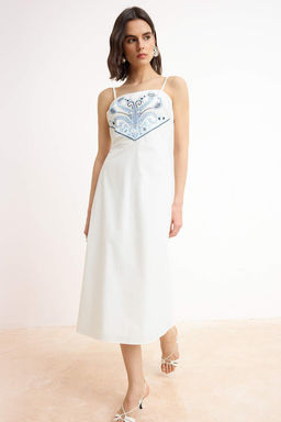 TRENDYOLMILLA Ekru A Kesim Nak?sl? Midi Astarl? Poplin Dokuma Elbise TWOSS25EL00218 фото 6
