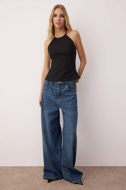 Siyah Pamuklu Ince Gabardin Halter Yaka Dokuma Bluz TWOSS25BZ00536