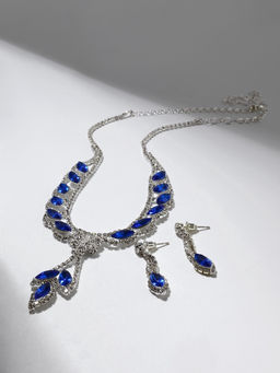 Набор 2 предмета: серьги, колье Листопад ромб, цвет сине-белый в серебре, 45 см