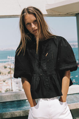 CAMISA BORDADA MANGA GLOBO / Negro - Zara фото 2