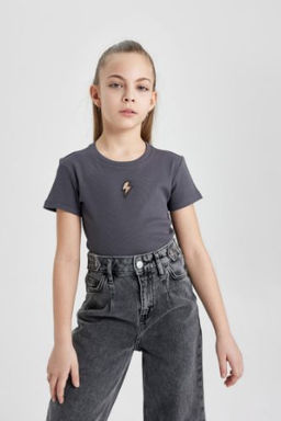 K?z Cocuk Slim Fit Dar Kesim Bisiklet Yaka Fitilli Kaskorse K?sa Kollu Tisort