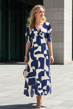 Lacivert Geometrik Desenli A Kesim Midi Viskon Dokuma Elbise TWOSS25EL00314