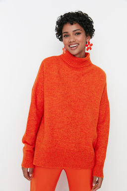 Turuncu Genis Kal?p Yumusak Dokulu Triko Kazak TWOAW23KZ00469