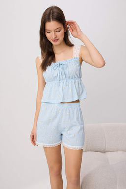 Mavi %100 Pamuklu Cicekli Dantel Ask?l? Orme Pijama Tak?m? THMSS26PT00169
