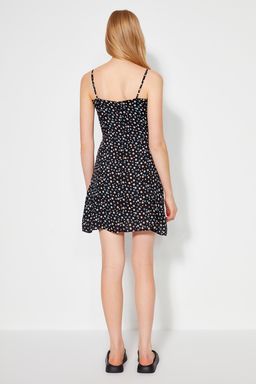 Siyah A Kesim Mini Baglama Detay? Cicek Desenli Dokuma Elbise TWOSS21EL3214