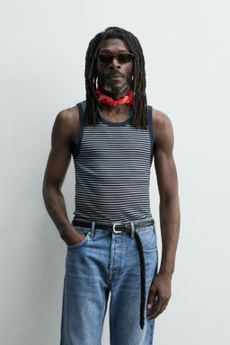 CAMISETA TANK JACQUARD RAYAS X AARON LEVINE / Azul / Blanco