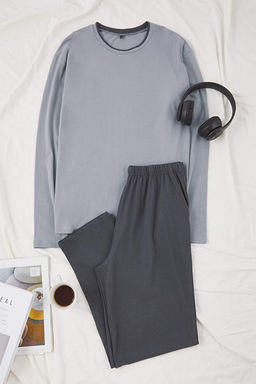 Gri Regular Kesim Yaka Detayl_ Cepli _rme Pijama Tak_m_ TMNAW26PT00011
