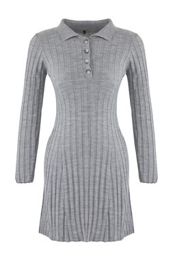 Gri Duz Mini Polo Yaka Fitili Yumusak Dokulu Triko Elbise TWOAW26EL00014 - Trendyolmilla фото 5