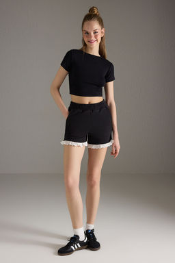 Trendyolmilla Siyah Brode ve Cep Detayl? Mini Sort & Bermuda TWOSS25SR00203