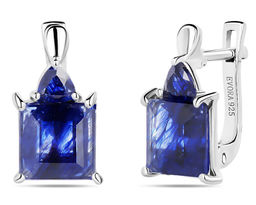 Серьги, 2 сапфир корунд квадрат 8 мм/7.27 ct. , 2 сапфир корунд триллион 4 мм/0.67 ct., Санторини