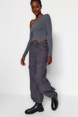 Antrasit Tek Omuz Pamuklu Esnek Fitted/Vucuda Oturan Crop Orme Bluz TWOAW24BZ00099