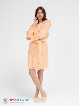Махровый женский укороченный халат с капюшоном Персиковый МЗ-01 (32)