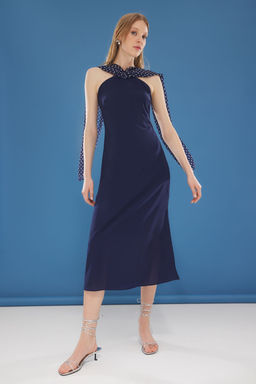 Lacivert Puantiyeli A Kesim Yakas? Fularl? Maxi Dokuma Elbise TWOSS25EL00290 - Trendyolmilla фото 2