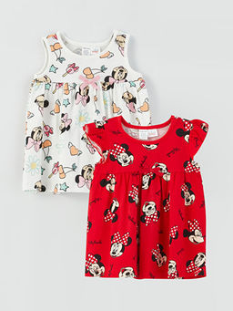 Bisiklet Yaka Minnie Mouse Bask?l? K?z Bebek Elbise 2li