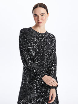 Bisiklet Yaka Desenli Uzun Kollu A Kesim Elbise