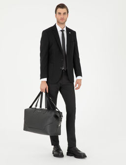 Siyah Slim Fit _izgili Kanvas Pantolon