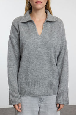 Gri Yunlu Genis Kal?p Polo Yaka Basic Triko Kazak TWOAW25KZ00009 - Trendyolmilla фото 3