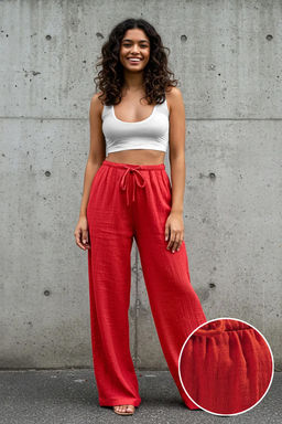 TRENDYOLMILLA Koyu K?rm?z? Muslin Beli Lastikli Yuksek Bel Wide Leg/Genis Paca Dokuma Pantolon TWOSS25PL00067 фото 12