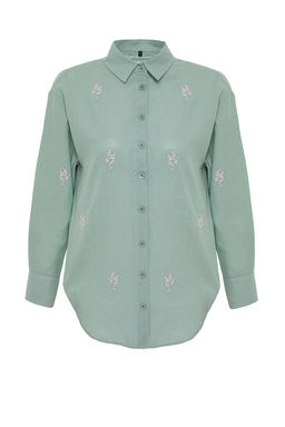 TRENDYOLMILLA Ekru Cicek Nak?s Detayl? Pamuklu Oversize Genis Kesim Dokuma Gomlek TWOSS22GO0246 фото 8
