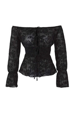 Siyah Cicekli Astars?z Carmen Yaka Baglamal? Tul Party Bluz TPRAW26BZ00014