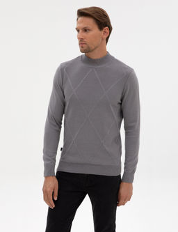 Gri Slim Fit Yar_m Bal_k__ Yaka Triko Kazak