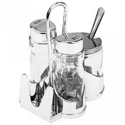 Набор для специй 4 предмета: солонка 40мл, д3,2см h9см, перечница 40мл, д3,2см h9см, горчичница 70мл, д4,6см h6см, с крышкой нерж., с ложкой нерж. 10,3см, салфетница, на подставке 10х7,6х13см, стекло/пластик под хром цветная коробка (Китай) - Домашняя мода фото 7