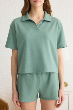 Trendyolmilla Antrasit Slogan Etiket Detayl? Waffle Kumas Sortlu Orme Pijama Tak?m? THMSS25PT00072  фото 10