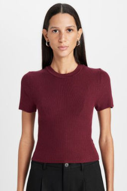 Crop Bisiklet Yaka Basic Duz Fitilli K?sa Kollu Triko Kazak