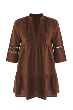Kahverengi Dokuma Dantel %100 Pamuk Plaj Mini Elbise TBESS20EL0854