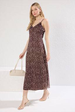 TRENDYOLMILLA Kahverengi Tul Fitted/Vucuda Oturan Volanl?/F?rf?rl? Maxi Esnek Orme Elbise TWOSS25EL00353  фото 2
