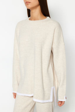 Bej Genis Kal?p Kontrast Renkli Triko Alt-Ust Tak?m TWOAW24AU00062