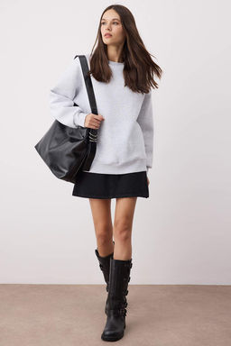 Kar Melanj Oversize/Rahat Kesim Basic Bisiklet Yaka Kal?n/Ici polarl? Orme Sweatshirt TWOAW24SW00102