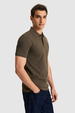Erkek Slim Fit Polo Yaka Koyu Haki Basic Ti__rt