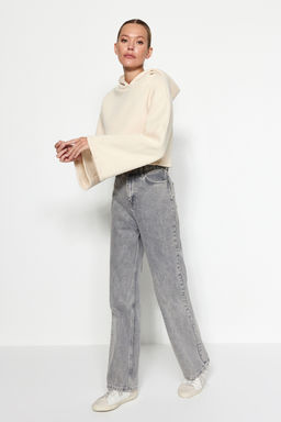 Ac?k Tas Kal?n Ici Polarl? Rahat Kesim Crop Ispanyol Kol Kapusonlu Orme Sweatshirt TWOAW24SW00284