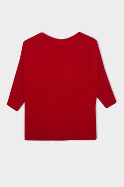 Красный простой трикотажный свитер с вырезом лодочка и рукавами летучая мышь - Defacto фото 3