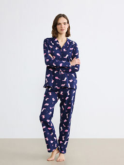 G?mlek Yaka Bask?l? Kad?n Pijama Tak?m