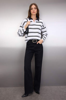 Siyah Pamuklu Genis Kal?p Gomlek Yaka Cizgili Triko Kazak TWOAW26KZ00143 - Trendyolmilla фото 2