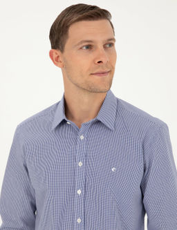 Темно-синяя рубашка узкого кроя из хлопка в полоску - Cacharel фото 2