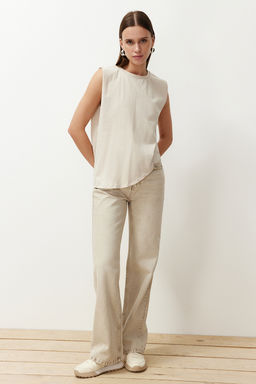 Tas More Sustainable %100 Pamuk Etek Ucu Asimetrik Bisiklet Yaka Orme T-Shirt TWOSS24TS00156