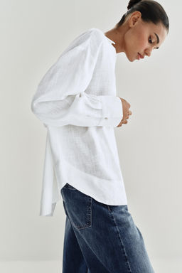 BLUSA CON LINO CUELLO POLO / Blanco - Zara фото 5